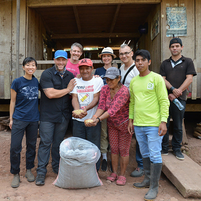 Coffee farmers, staff, stand together, hold green coffee beans