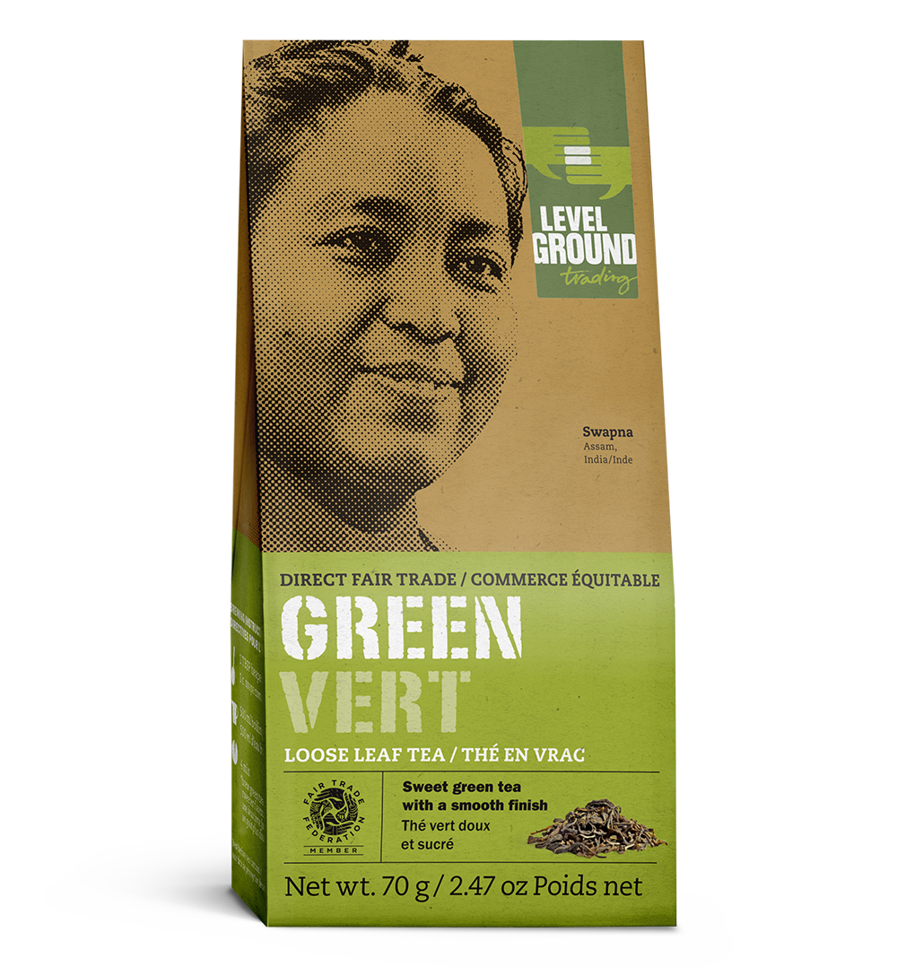 Fair trade green tea 70 gram box, loose leaf tea package